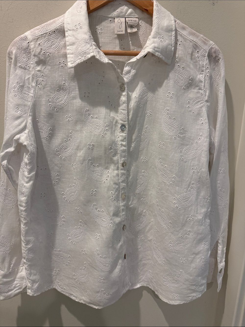 Joie White Linen Eyelet Paisley Button-Down Shirt size Small